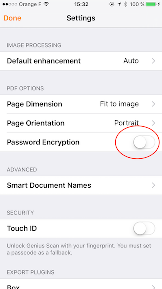 Genius Scan's Settings screen with the pdf encryption option