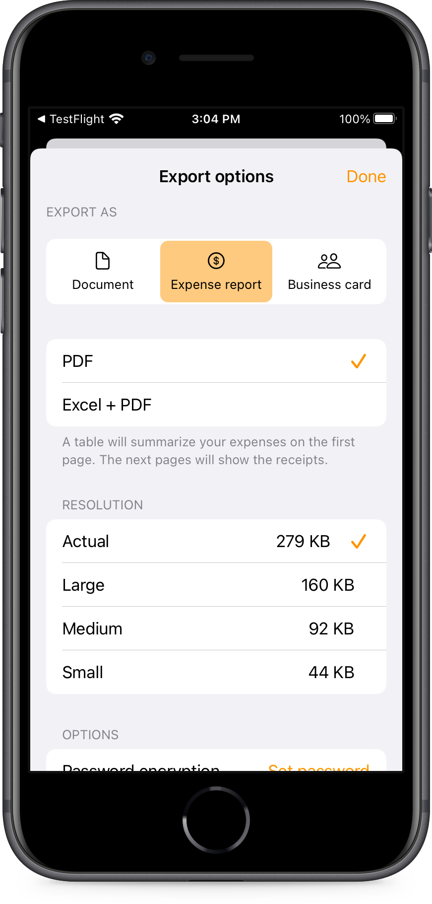 Screen of Genius Scan, Choose the format you want to export your expense reporting