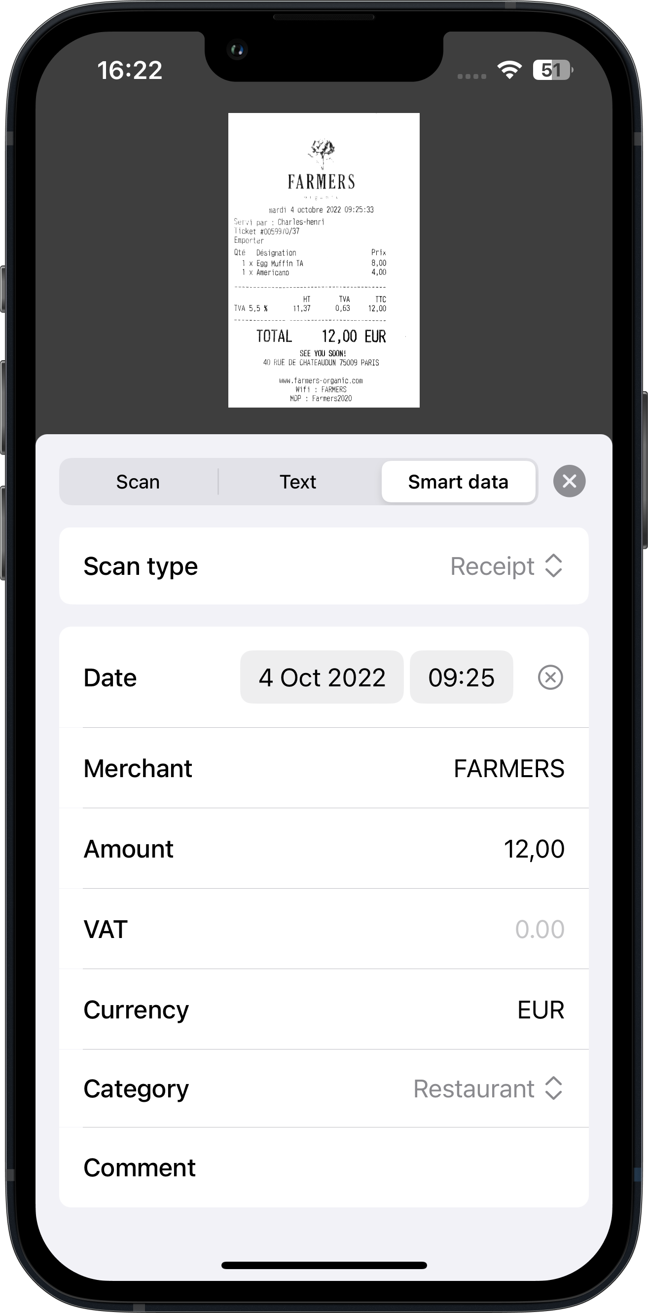 Details of a receipt automatically generated into an expense report by Genius Scan on iOS device