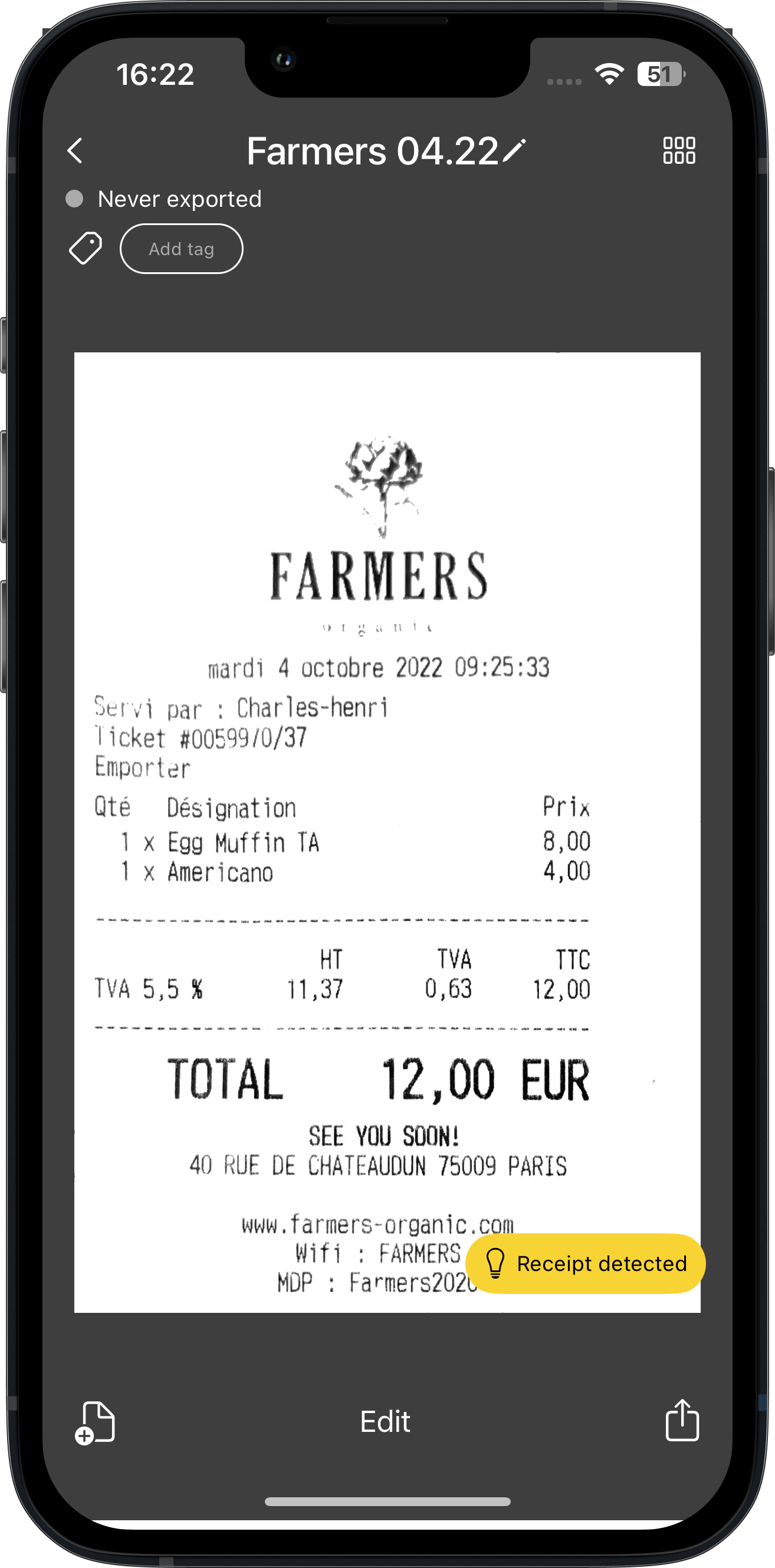 Image of a receipt scanned in Genius Scan with a business card detected prompt