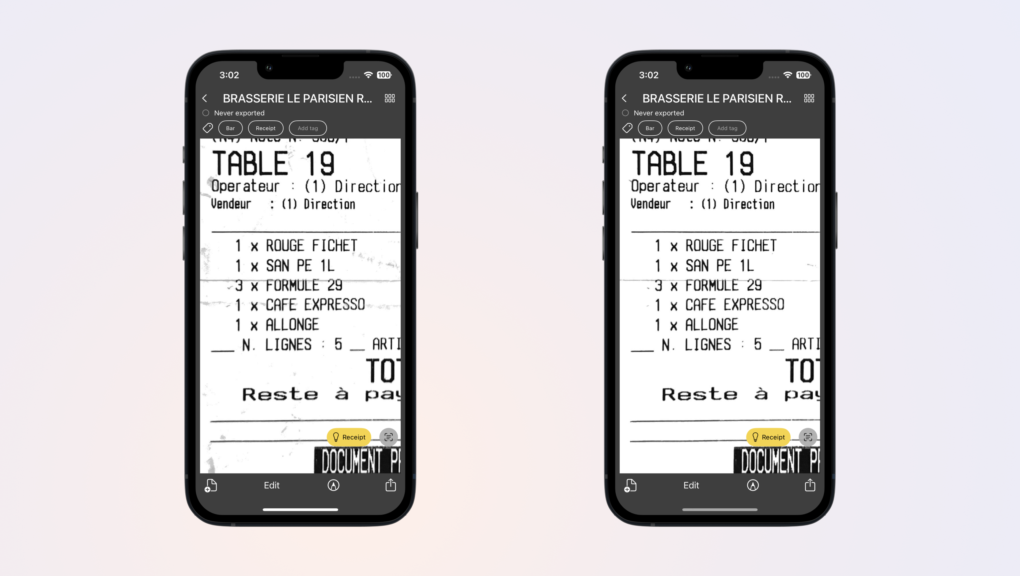 image of a receipt before and after selecting the strong filter