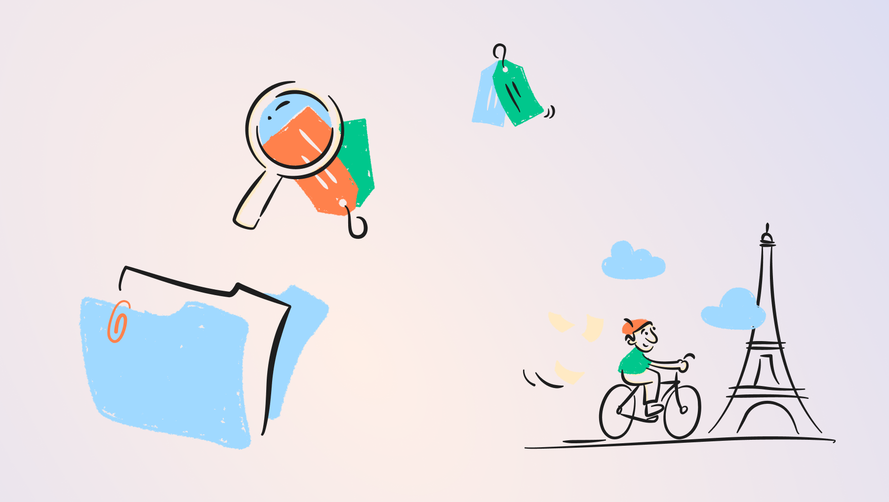 Illustration with folders, tags, a magnifying glass and Paris