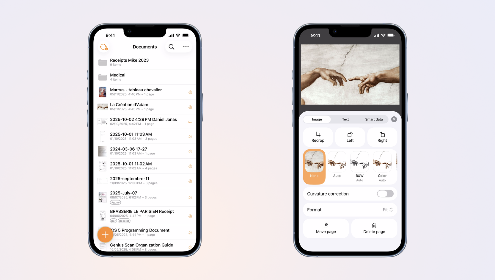 Two screens of Genius Scan showing the new design