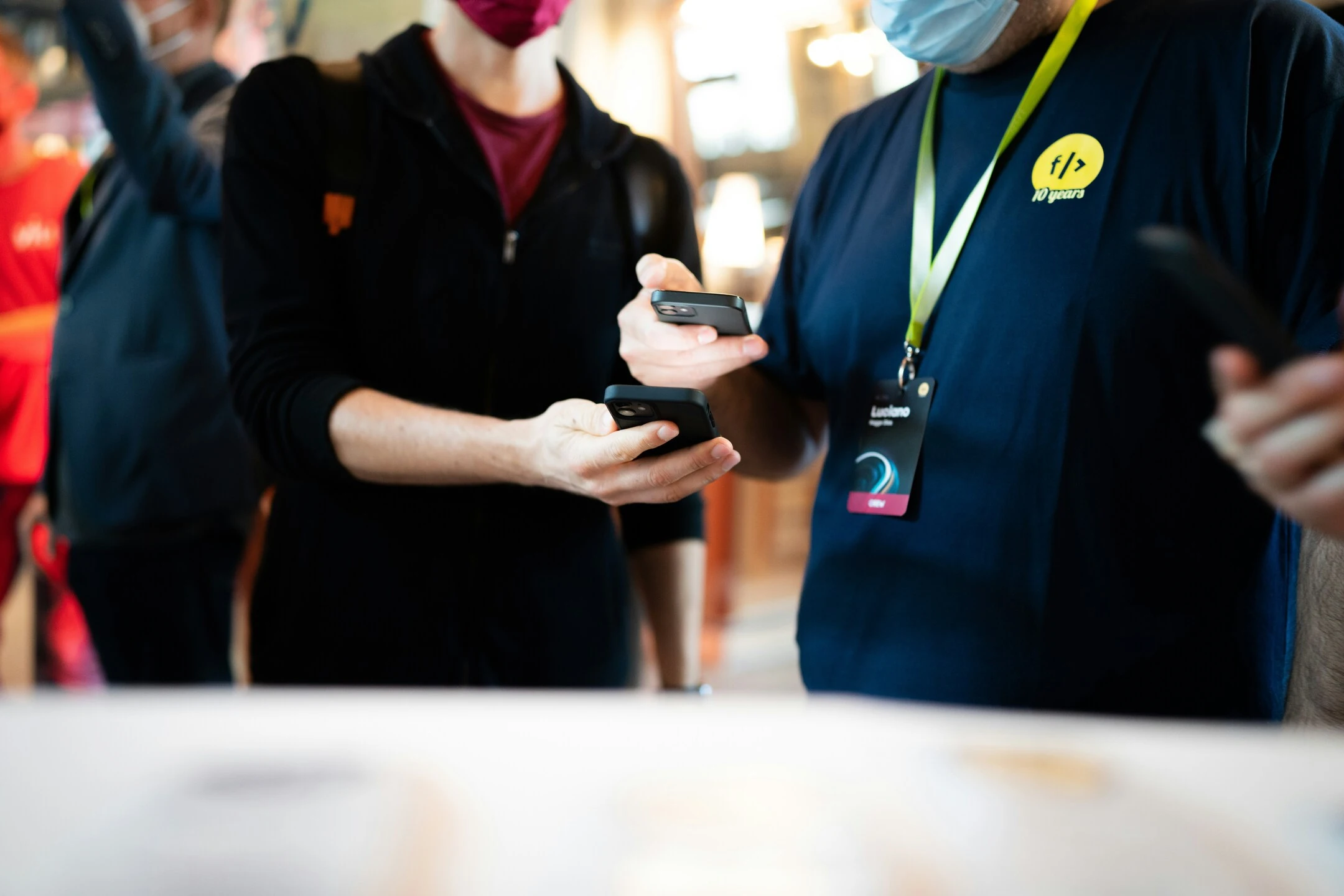 Work team members scanning a document outside of the office