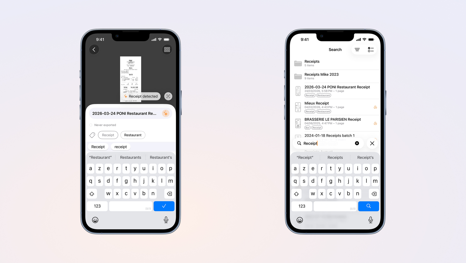 A screen shows how to tag a document in Genius Scan, the other screen shows how to research a document with a tag