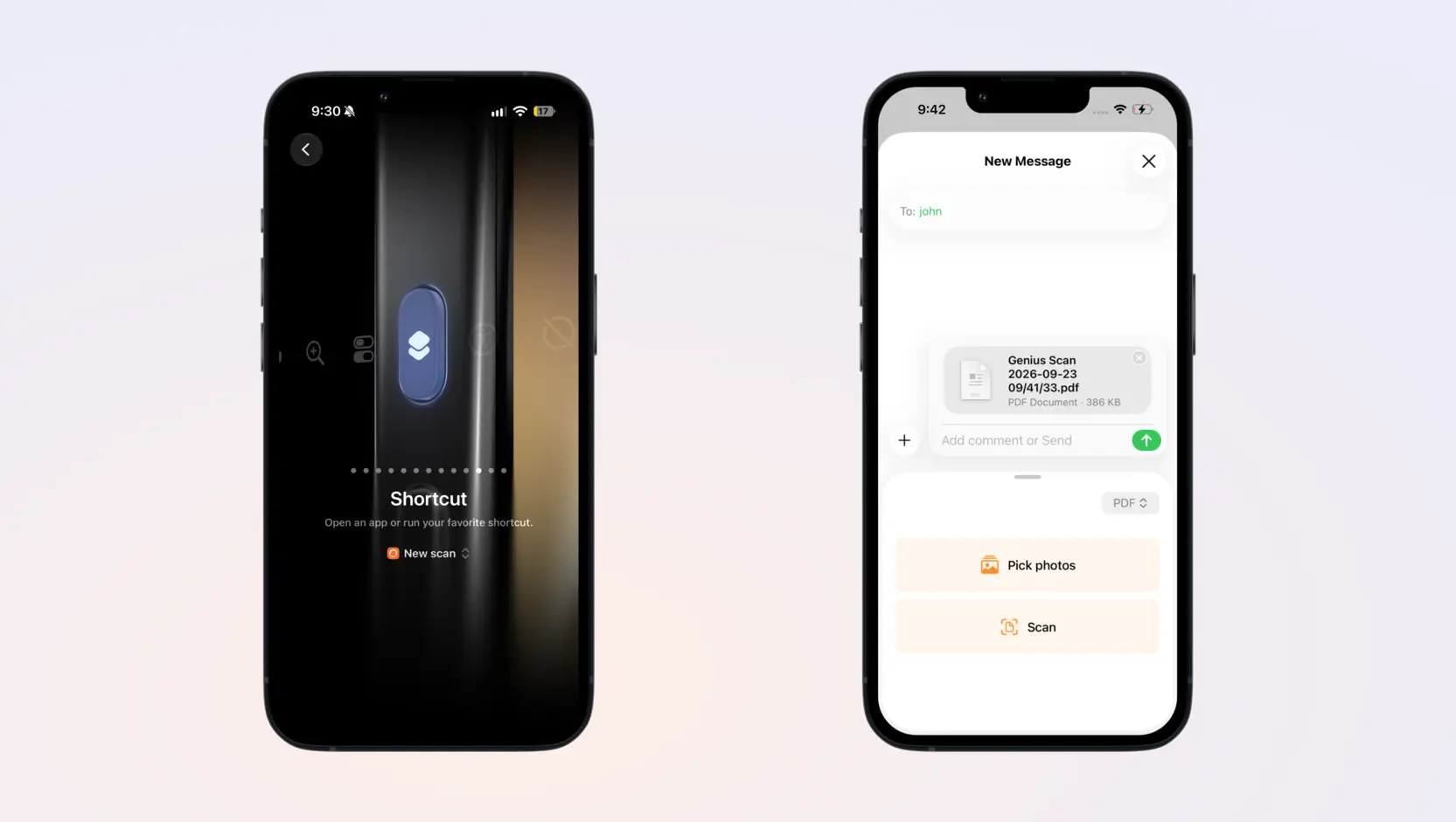 Screens of the Action Button and uploading a scan to the Messages app on iOS